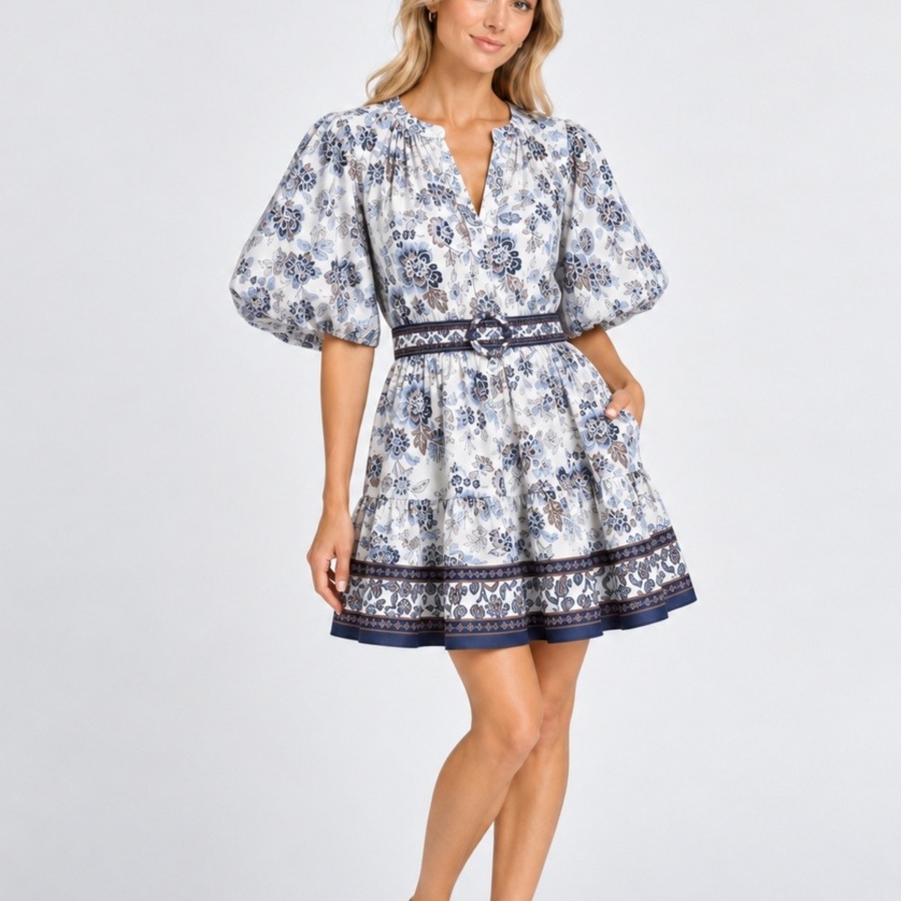 Joie Puff Sleeve Floral Belted Mini Dress Women 16 Blue White Bohemian Feminine